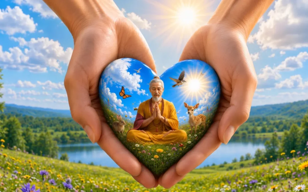 Hände halten eine herzförmige Ansicht mit einem Buddha