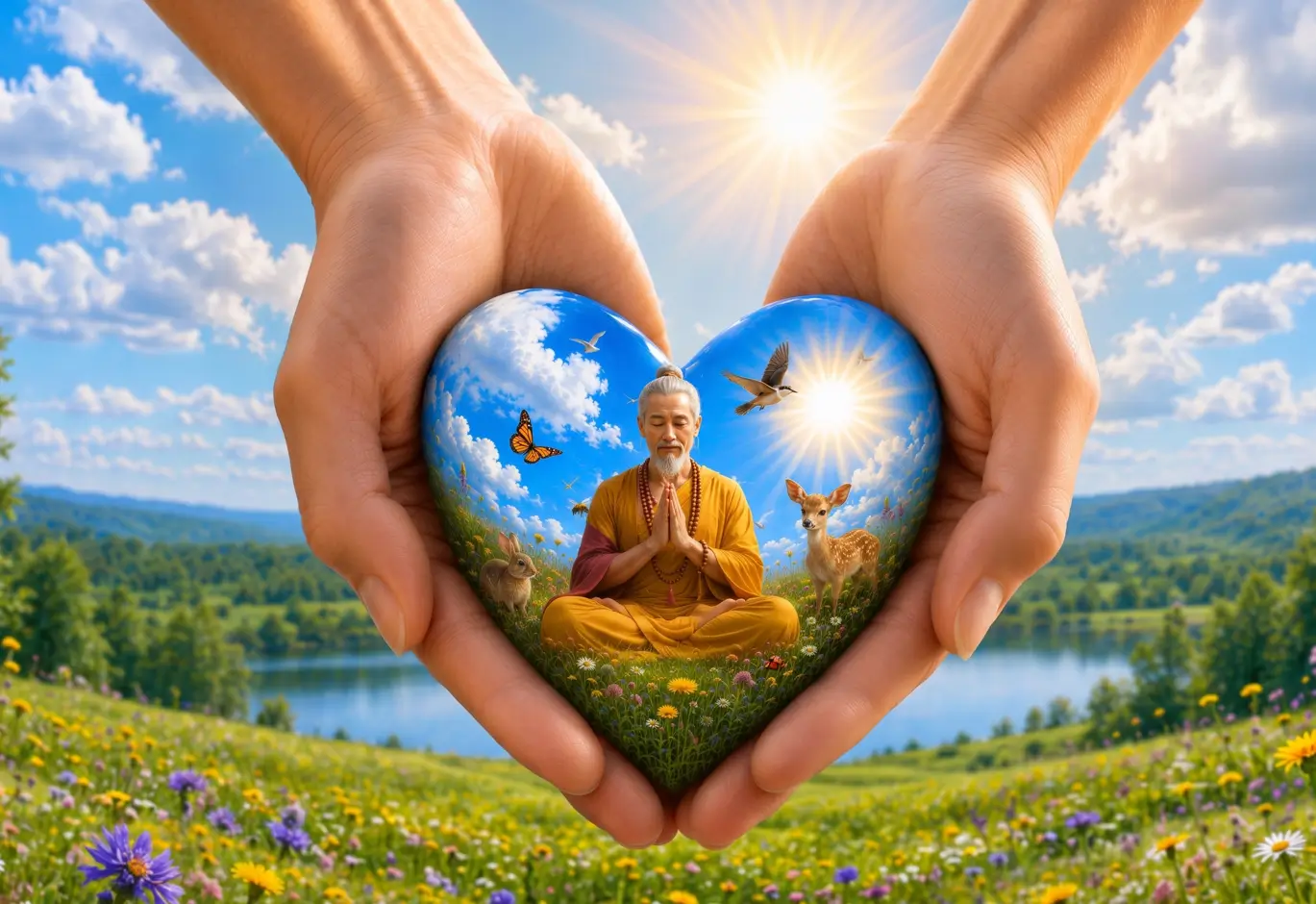 Hände halten eine herzförmige Ansicht mit einem Buddha